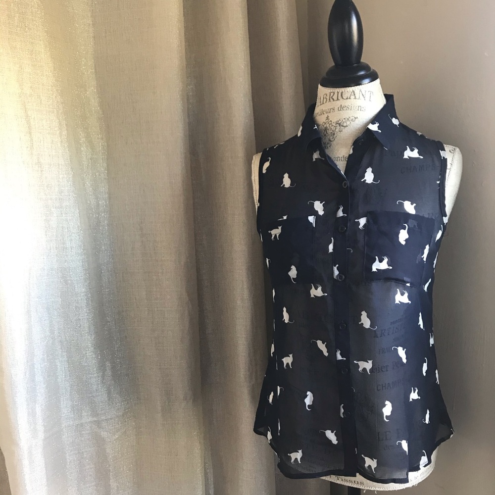 Cat button up sleeveless see through top